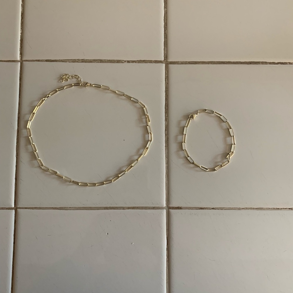 14K Gold Paperclip Link Chain Necklace+Bracelet